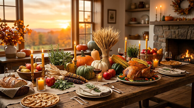 Festive Thanksgiving dinner with autumn decorations. Family celebration scene with delicious food and warm lighting