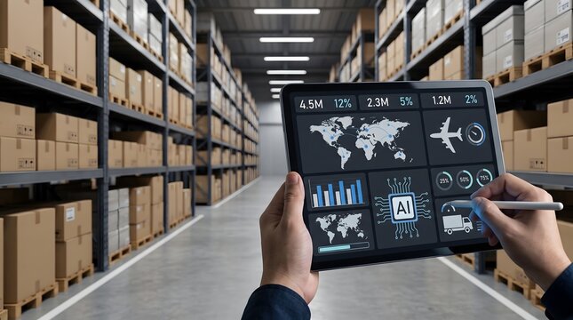 Warehouse manager using tablet with AI analytics for logistics