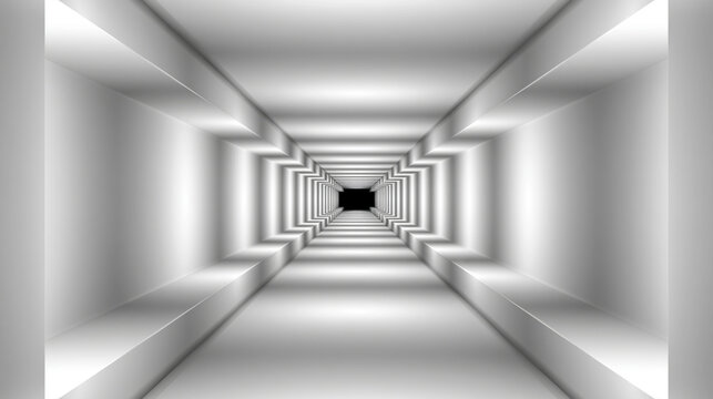 White digital tunnel abstract perspective infinite corridor geometric pattern white void 3d render glowing light vanishing point futuristic space minimal design empty tunnel gray gradient depth