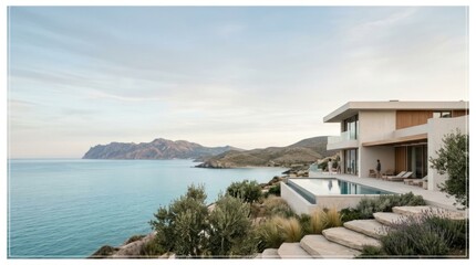 Fototapeta premium Luxury villa poolside overlooking coastal landscape