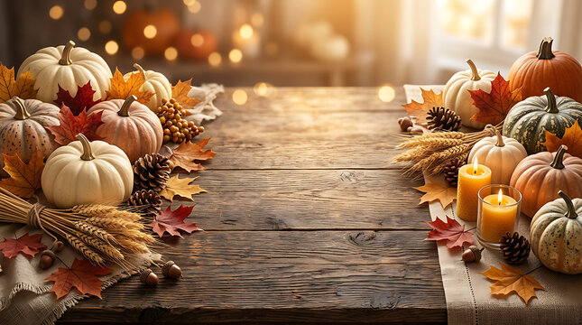 Autumn harvest table with pumpkins and candles. Cozy fall decor scene with seasonal gourds and warm lighting.