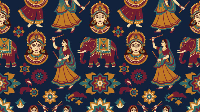 Navratri Dandiya Goddess Vector Seamless Pattern
