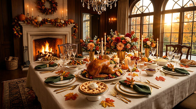 Elegant holiday dinner setup with festive decorations. Luxurious banquet with seasonal decor and warm lighting.