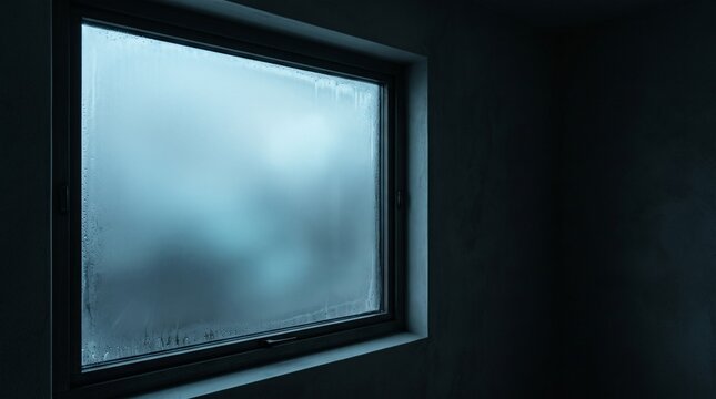 A view through a dark rectangular window looking out at a moody overcast sky with soft blue and gray clouds in daylight