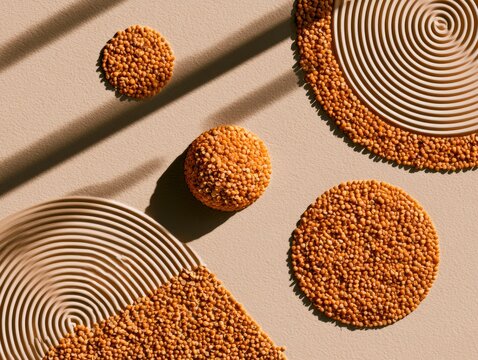 Flat lay of toor dal forming geometric patterns on light beige background, minimal aesthetic composition, soft natural shadows, clean modern food concept photography style. 
