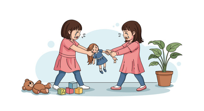Two upset young girls in pink dresses crying and pulling on opposite ends of a doll during a conflict in a playroom or at home.