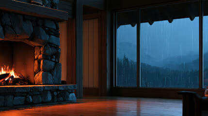 Obraz premium Cozy cabin interior with stone fireplace wooden floor large window night rain warm fire mountain view peaceful inviting