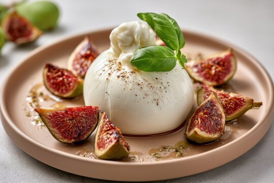 Fresh burrata cheese with cracked pepper, basil leaf, and ripe fig on ceramic plate, gourmet appetizer, creamy texture, natural light
