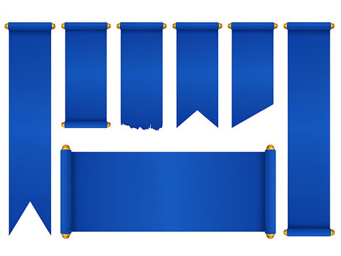 Diverse array of elegant blue scroll banners and decorative ribbons adorned with golden accents, ideal for sophisticated announcements, award certificates, and creative design projects