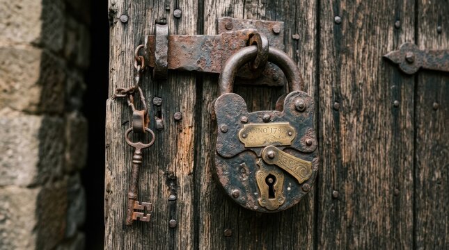 A close up view of an old rusty metal padlock hanging on a weathered and textured wooden door