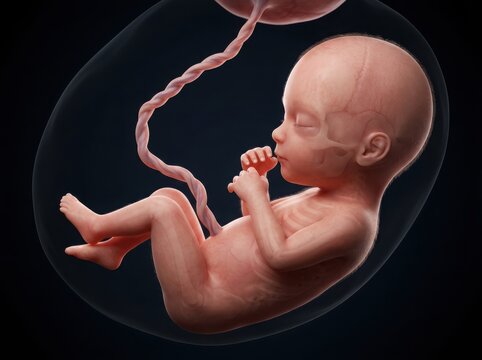 A small human fetus growing inside a mother womb with umbilical cord attached floating in dark space during pregnancy