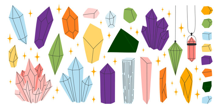 Colorful crystal and gemstone set with quartz cluster, mineral tower and pendant on white background. Multicolor gem collection with amethyst, rose quartz and star sparkle. Flat vector illustration