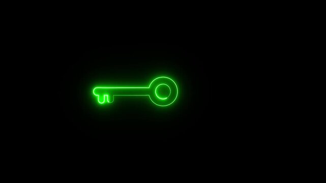 Glowing neon line Key icon isolated on black background. security privacy password animated. Neon blue key Animation on Black Background. 4K Video motion graphic.