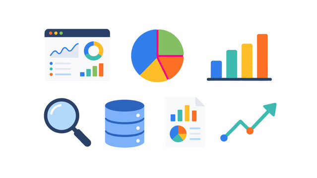Analytics and data visualization icon set in flat vector style