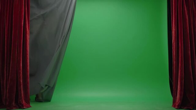 Velvet theater curtains opening with green screen background for creative compositing during performance reveal