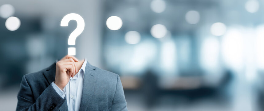 Anonymous businessman in suit with question mark in blurred office interior