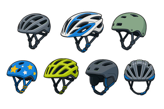Set of bicycle and skate protective helmets in vector style
