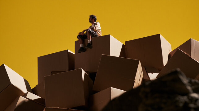 Man Sitting on Top of Stacked Cardboard Boxes