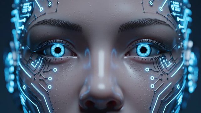 Close-up of female cyborg face with glowing blue circuitry