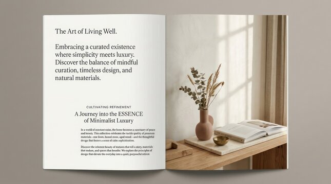 Interior design book pages with vase and sunlight