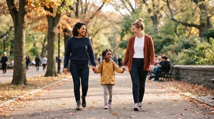 Obraz premium Happy family walking in autumn park holding hands with colorful fall leaves on the ground