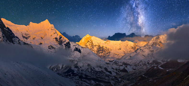 Panoramic view Himalaya mountain range at sunset with milky way appearing in twilight sky, captured from Kala Patthar during Everest Base Camp trek, Nepal
