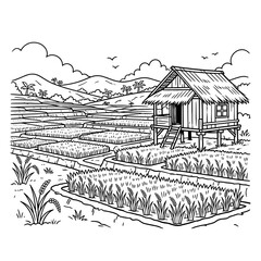 Fototapeta premium Detailed black and white line art of a traditional Asian rice paddy field landscape with a wooden stilt house