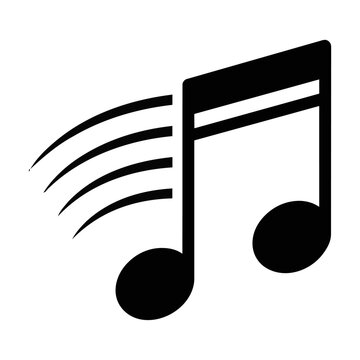 A minimalist musical eighth note icon with sweeping rhythmic curves on white