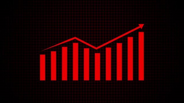 Red bar chart graph showing upward growth trend against a dark grid background