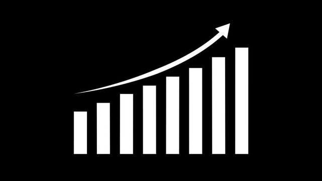 White bar chart graph with rising arrow demonstrating growth trend on black background