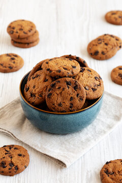 Homemade Chocolate Chip Cookies in a Bowl, side view.