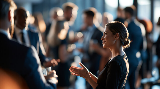 Softly blurred business networking event with diverse professionals socializing in a bright modern office venue faceless defocused crowd diverse professionals office venue