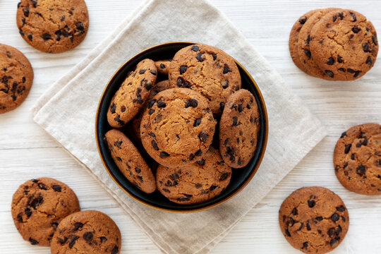 Homemade Chocolate Chip Cookies in a Bowl, top view.