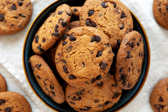 Homemade Chocolate Chip Cookies in a Bowl, top view. Close-up.