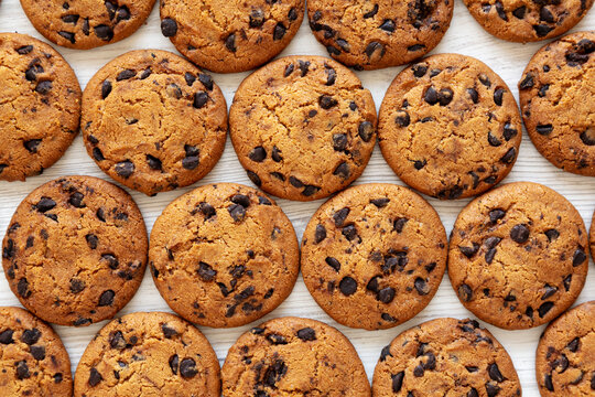 Homemade Chocolate Chip Cookies, top view. Overhead, from above.