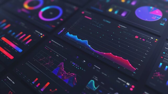 Colorful data visualization on digital screens.