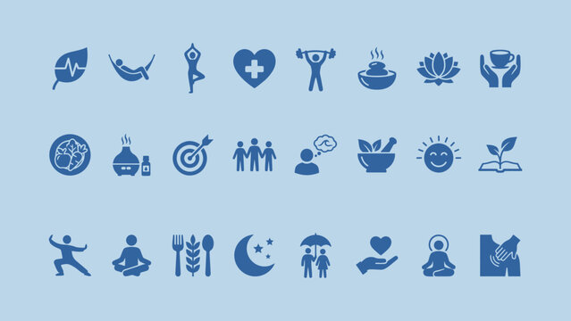 Collection Of Blue Flat Health And Wellness Icons Representing Various Medical Concepts healthcare fitness therapy