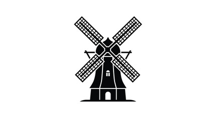 Fototapeta premium Black windmill silhouette illustration featuring traditional rotating blades isolated on a clean and simple white background