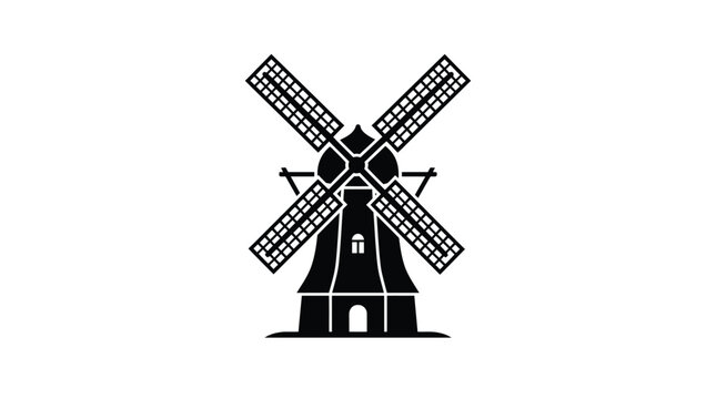 Black windmill silhouette illustration featuring traditional rotating blades isolated on a clean and simple white background