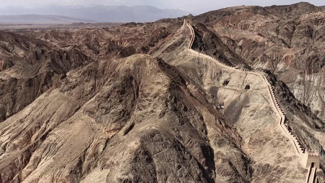 Ancient Chinese Great Wall Watchtower and Fortification on Rugged Mountains in Gansu Province, Northwest China
