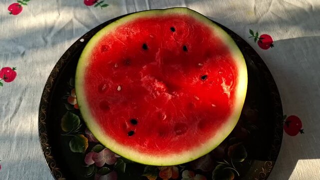 Ripe watermelon half displayed on a decorative plate across a simple tabletop sequence, showcasing juicy summer fruit, fresh produce, and healthy snack concept