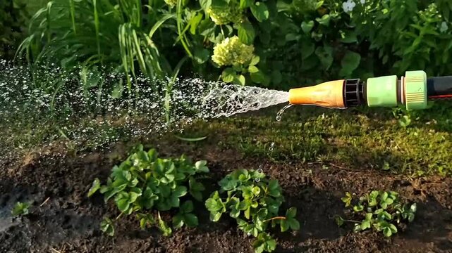 Stream of water spraying from hose nozzle over soil. Agricultural irrigation and plant care work.
