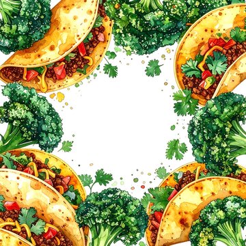 Colorful tacos and fresh broccoli arranged in a circle.