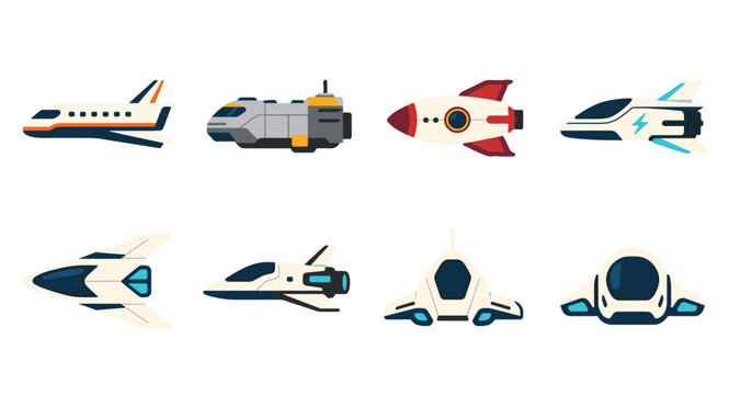 Set of futuristic spacecraft and shuttle icons in flat vector style