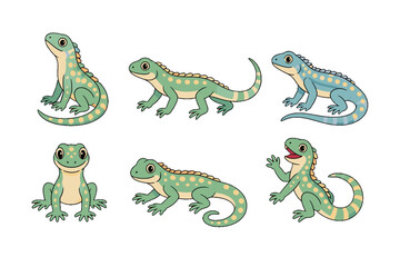 Fototapeta premium Set of cute cartoon iguanas in different poses on white