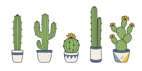 Fototapeta premium Set of potted cactus plants with flowers in simple vector style