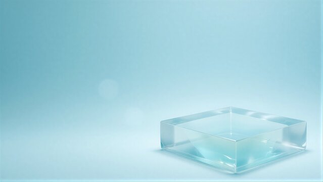 Transparent glass cube rests on matching base against soft blue background.