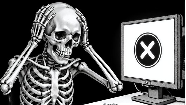 Skeleton frustrated at computer screen showing error symbol, holding head in distress.