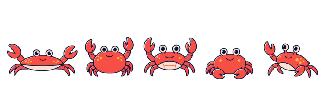Set of cute red crab cartoon characters in different poses