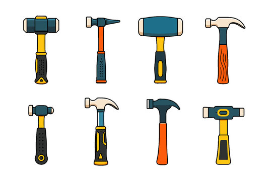 Set of assorted hammer and mallet hand tool vector icons